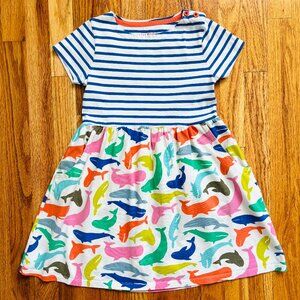 Mini Boden girls size 8 striped dress w/colorful whale print & side pockets